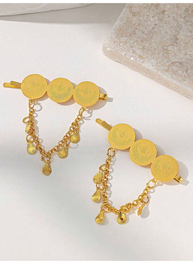 2PCS Hair Clips Gold-Plated, Tassel Bohemian Coin Fringe for Women,  Arabic Wedding Bridal Accessories Jewelry, Elegant Star Moon Pendant Choker Hair Pins Gift for Ladies Girls Eid Party - view 2